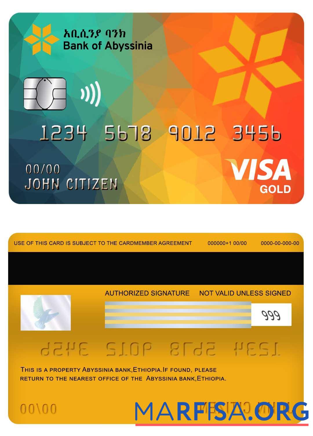 Realistic Ethiopia Bank of Abyssinia bank visa gold card example